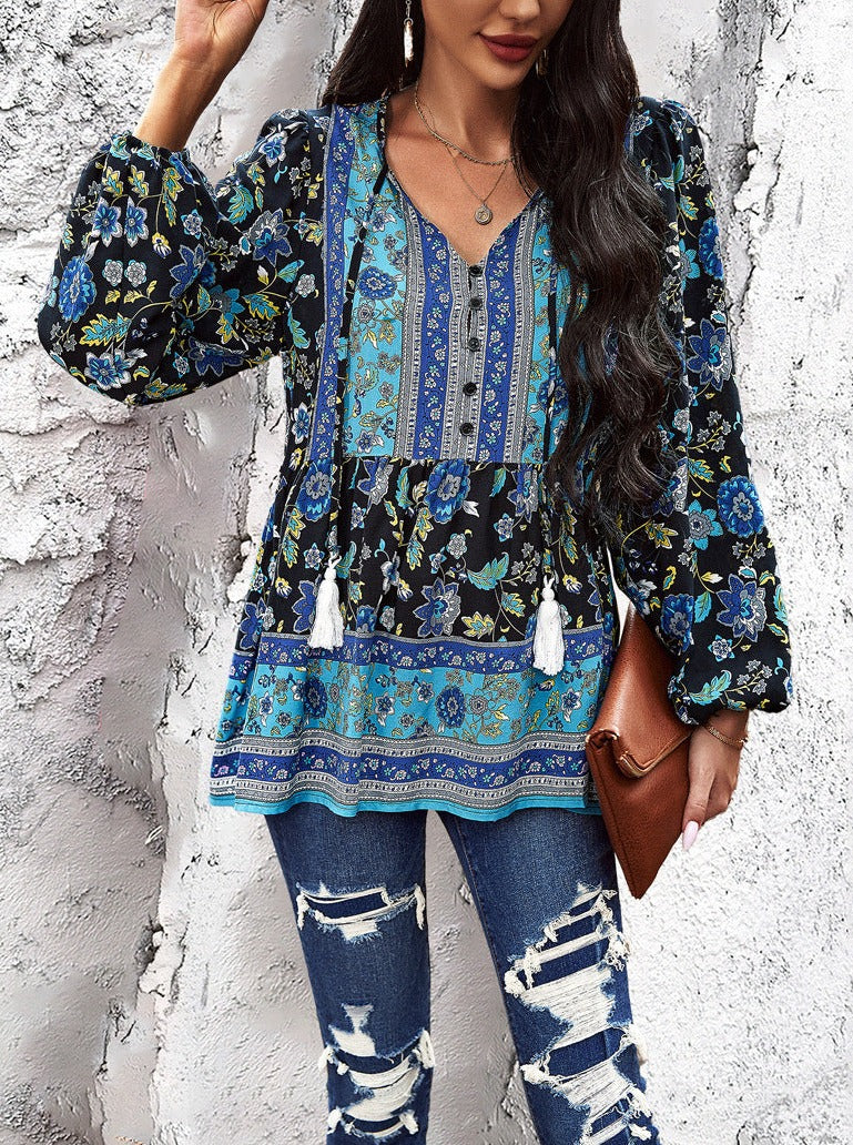 Langärmliges Hemd im Bohemian-Stil mit V-Ausschnitt und Quaste