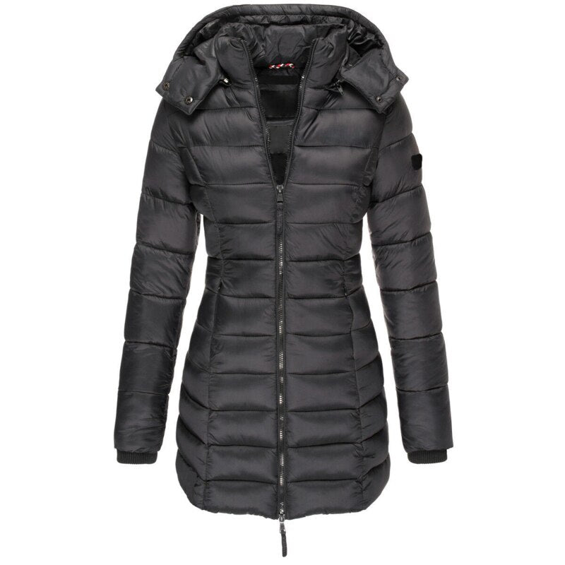 Gefütterte Winter-Daunenjacke mit Kapuze für Frauen