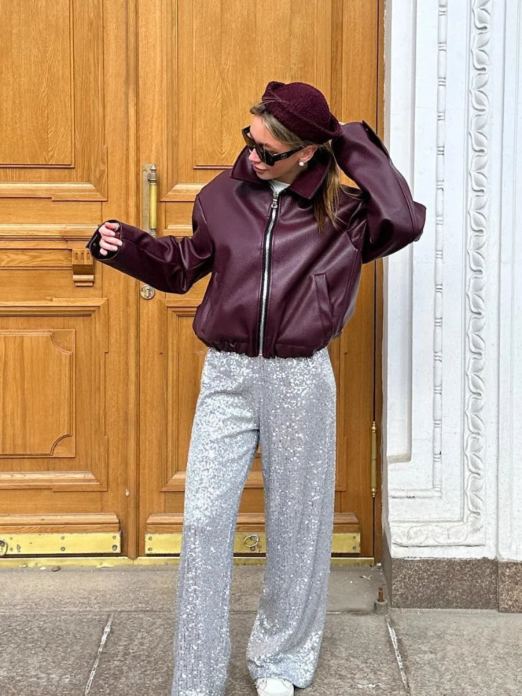 Aisha | Damen PU Lederjacke mit Reverskragen Reißverschluss Taschen Kurz Herbst Winter