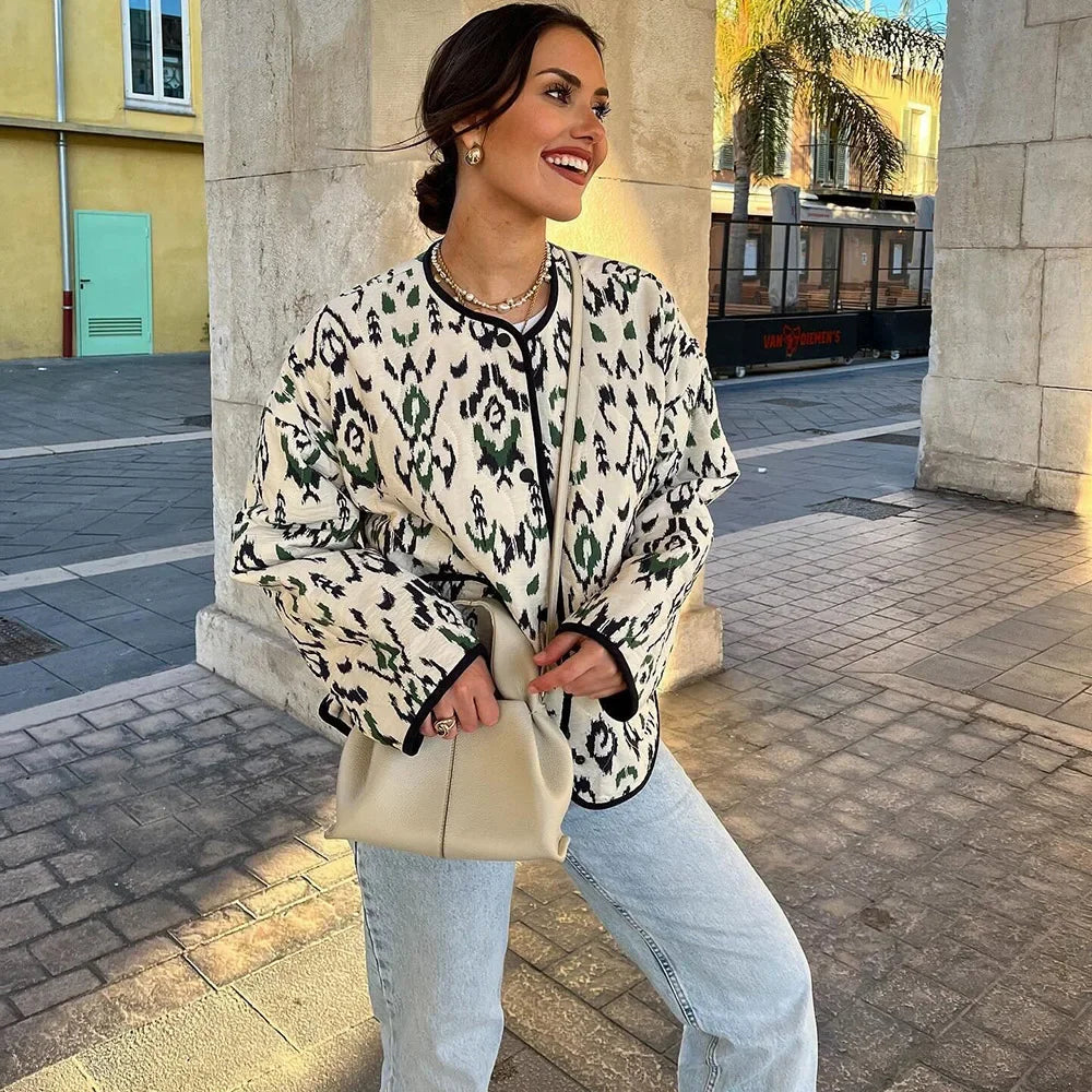 Olga | Retro Bedruckte Steppjacke Damen mit Rundhals