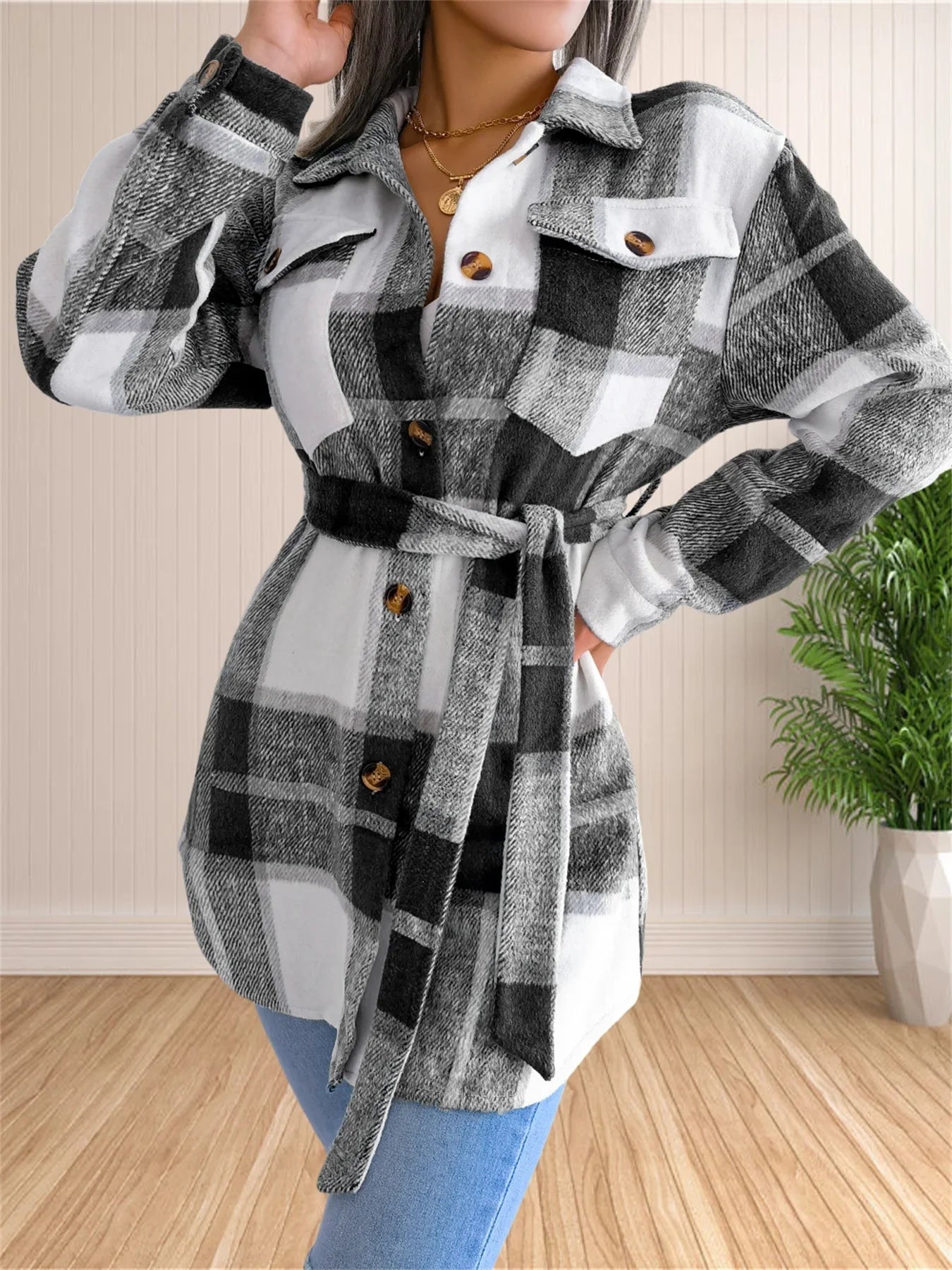 Lune™ | Gemütliche Karierte Flanell-Hemdjacke mit Gürtel