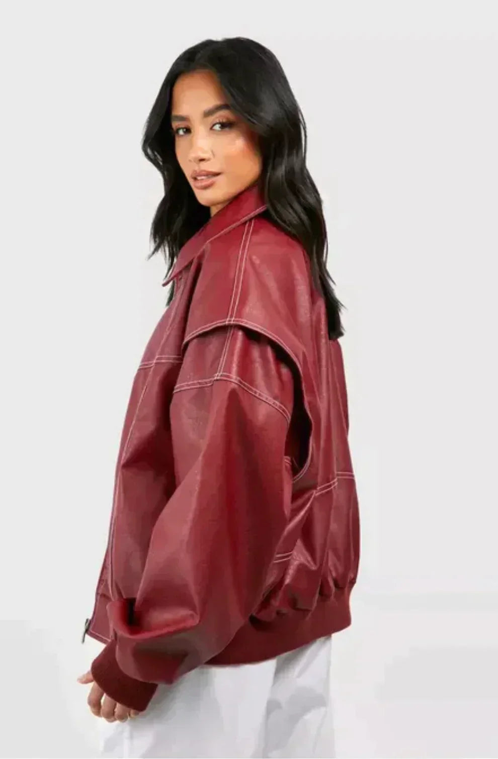 Agnes™ | Oversized Leder-Bomberjacke mit Kontrastnähten
