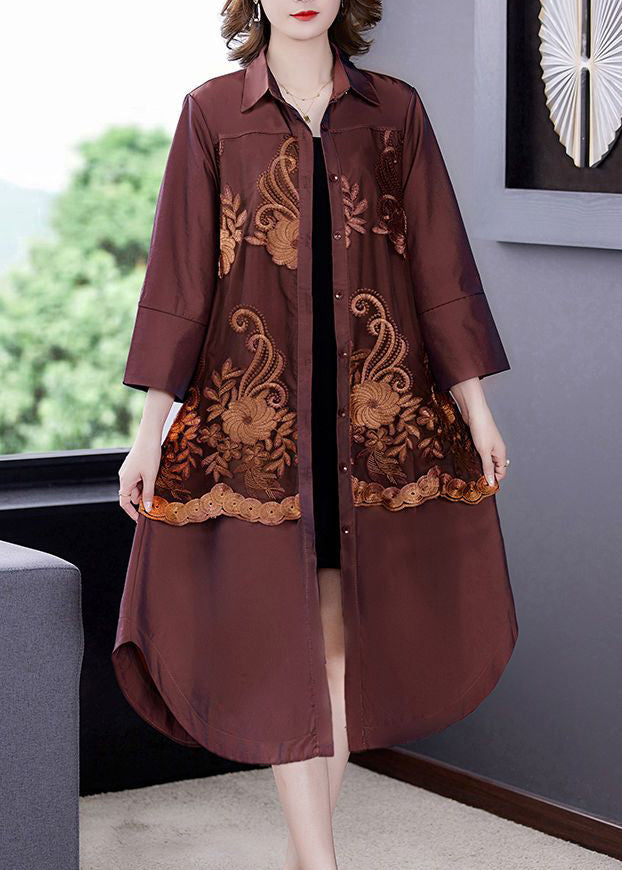 Yasmin Eve | Einfacher bestickter Patchwork-Seiden-Trenchcoat Armband-Ärmel