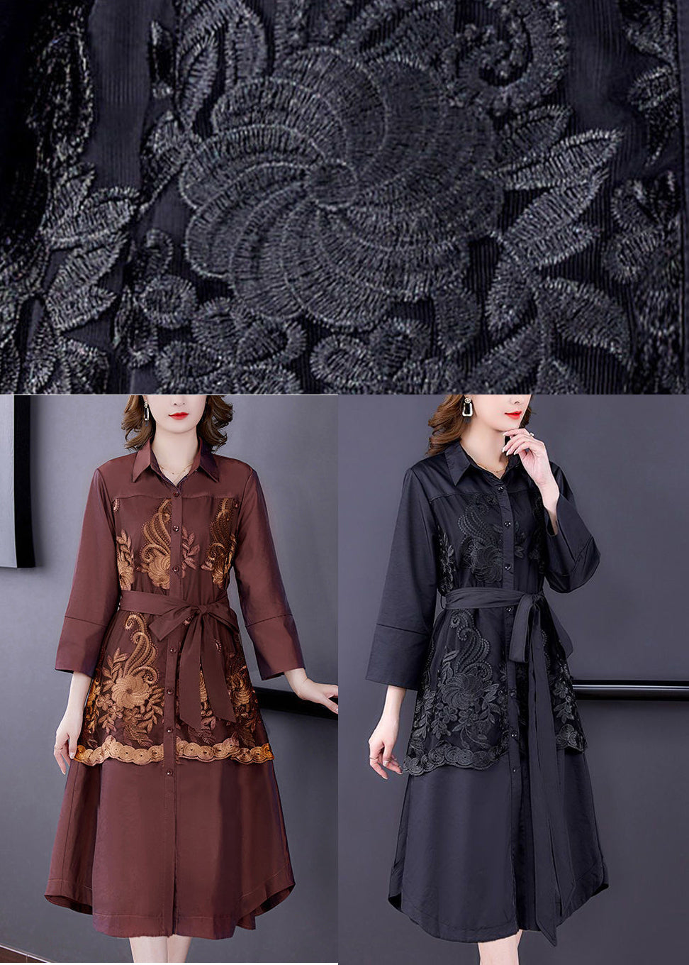 Yasmin Eve | Einfacher bestickter Patchwork-Seiden-Trenchcoat Armband-Ärmel
