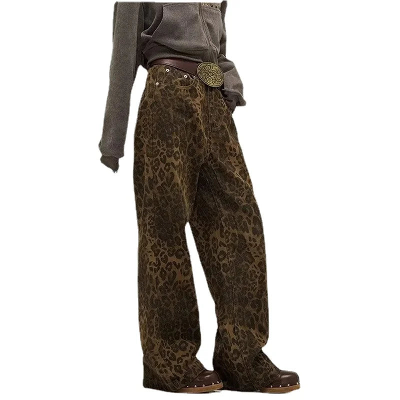 Stuttgart | Leopard Übergroße Denim-Hose mit weitem Bein Streetwear
