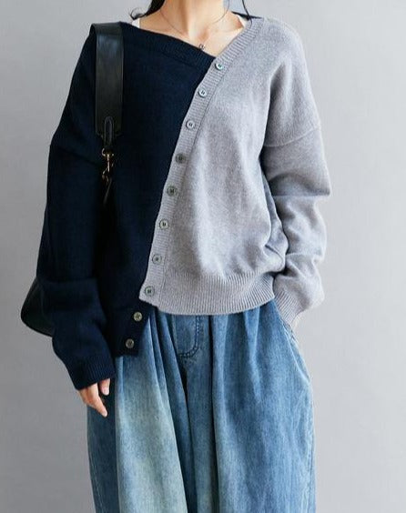 Lysandria | Blauer V-Ausschnitt Patchwork Pullover in lockerer
