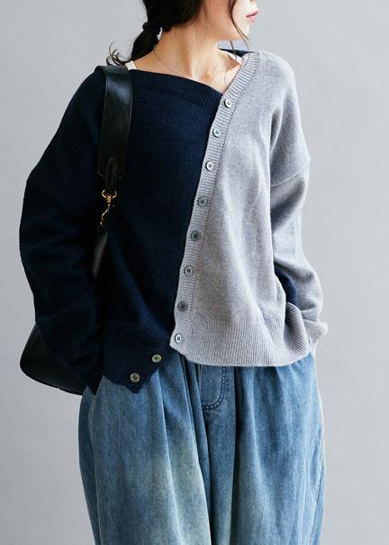 Lysandria | Blauer V-Ausschnitt Patchwork Pullover in lockerer