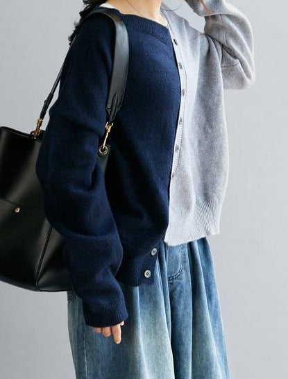 Lysandria | Blauer V-Ausschnitt Patchwork Pullover in lockerer