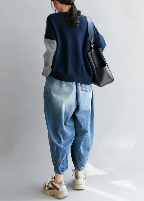 Lysandria | Blauer V-Ausschnitt Patchwork Pullover in lockerer