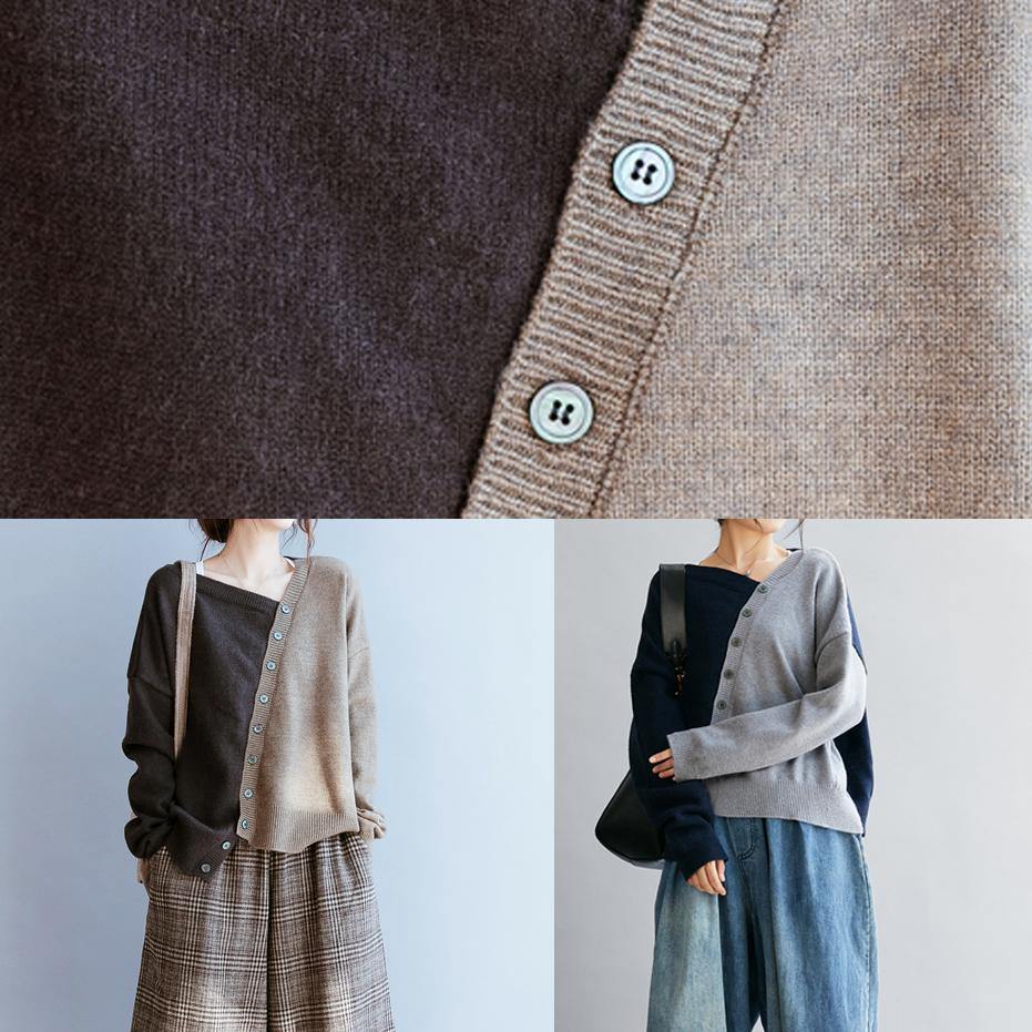 Lysandria | Blauer V-Ausschnitt Patchwork Pullover in lockerer