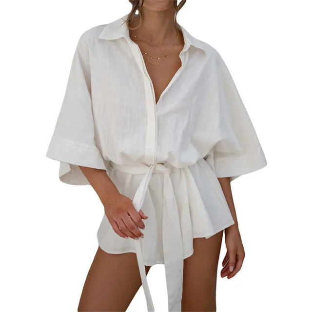 Carrie - Weiße Sommerliche Romper mit Gürtel