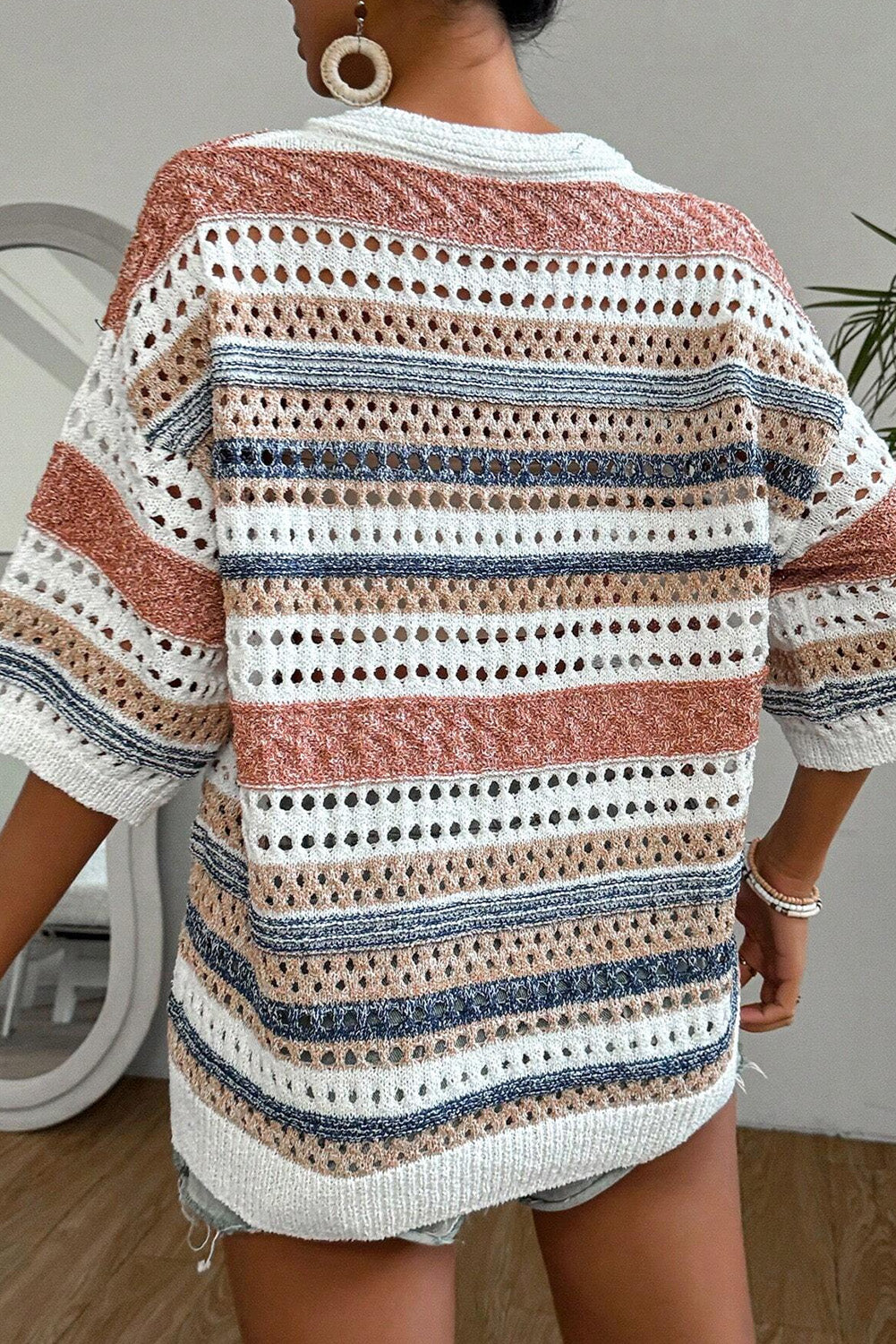 Gestreifter Strickpullover mit halblangen Ärmeln Für Frauen