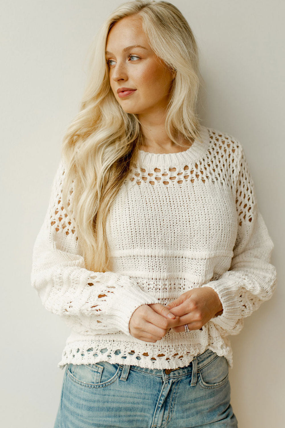 Weißer Pointelle-Strickpullover Mit Puffärmeln Für Frauen