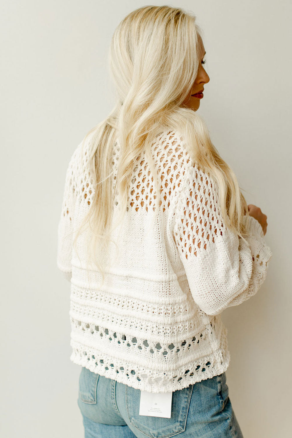 Weißer Pointelle-Strickpullover Mit Puffärmeln Für Frauen