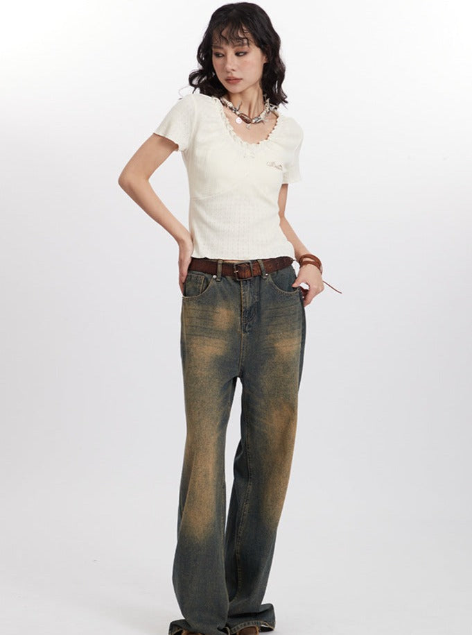 Hot Chic V-Ausschnitt Schlüsselbein Kurzarm Shirt