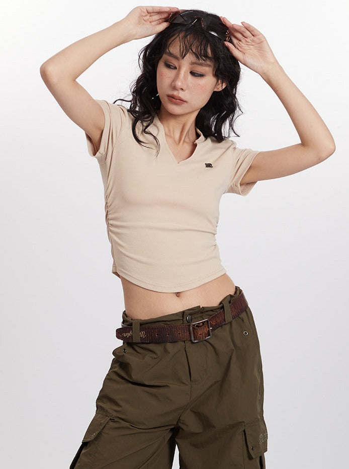 Retro V-Ausschnitt Einfarbig Plissee Kurzarm Top
