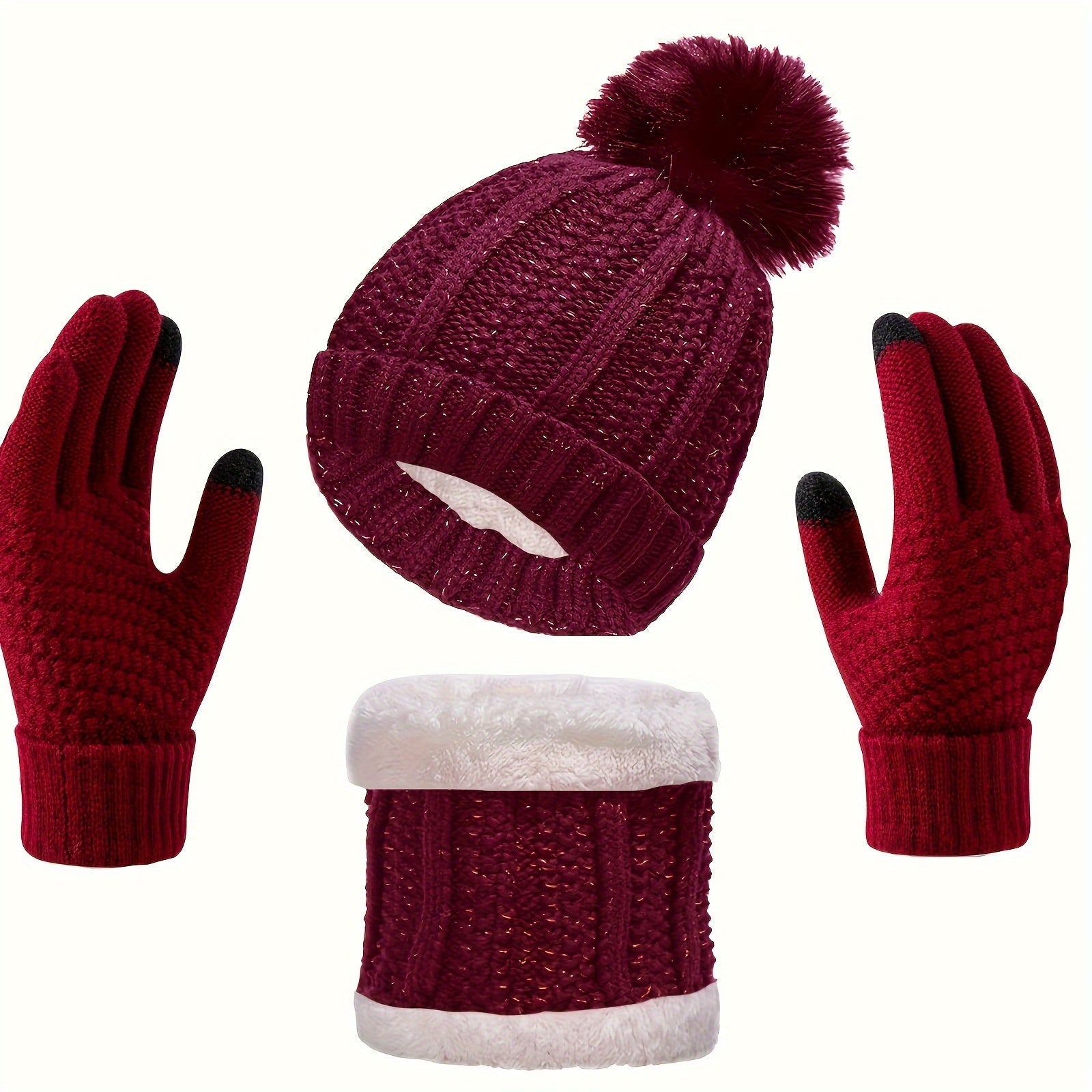 3-Teiliges Set Mit Mütze, Schal Und Handschuhen Für Frauen