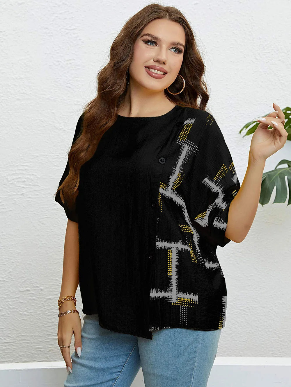 Bedrucktes Sommer-T-Shirt mit Knopfleiste – Lina