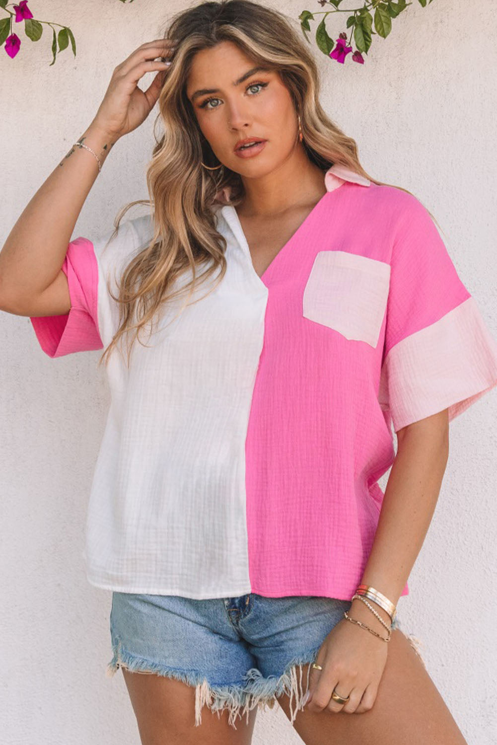 Pinkes Poloshirt mit Kragen und Colorblock-Design Für Frauen