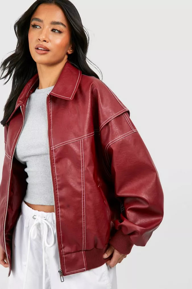 Agnes™ | Oversized Leder-Bomberjacke mit Kontrastnähten