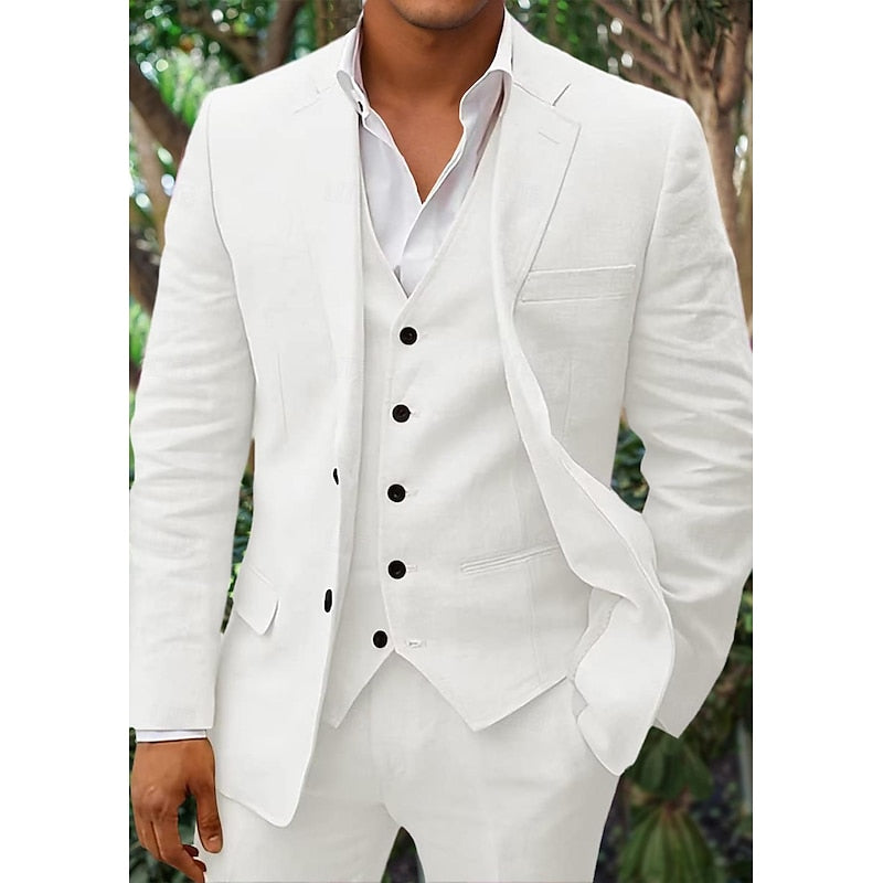 3-teiliges Leinen-Set für Herren, bestehend aus einem schlichten Business-Blazer, einer Weste und einer Hose