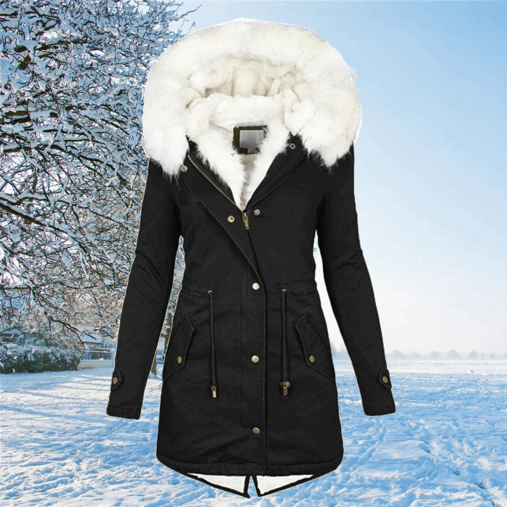 Neue Parka-Jacke mit Kapuze und Pelzfutter in Übergrößen für Damen