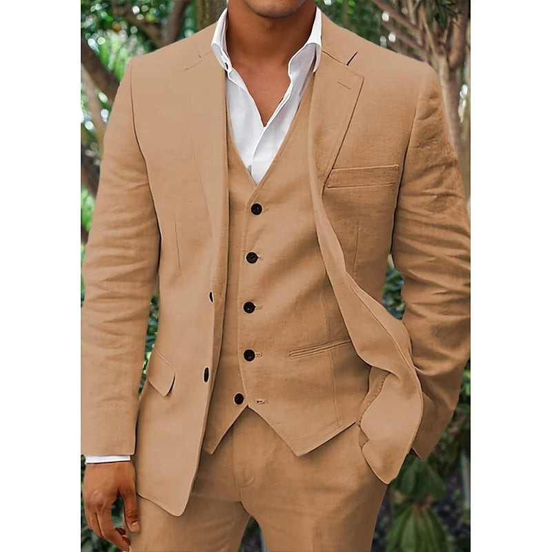 3-teiliges Leinen-Set für Herren, bestehend aus einem schlichten Business-Blazer, einer Weste und einer Hose