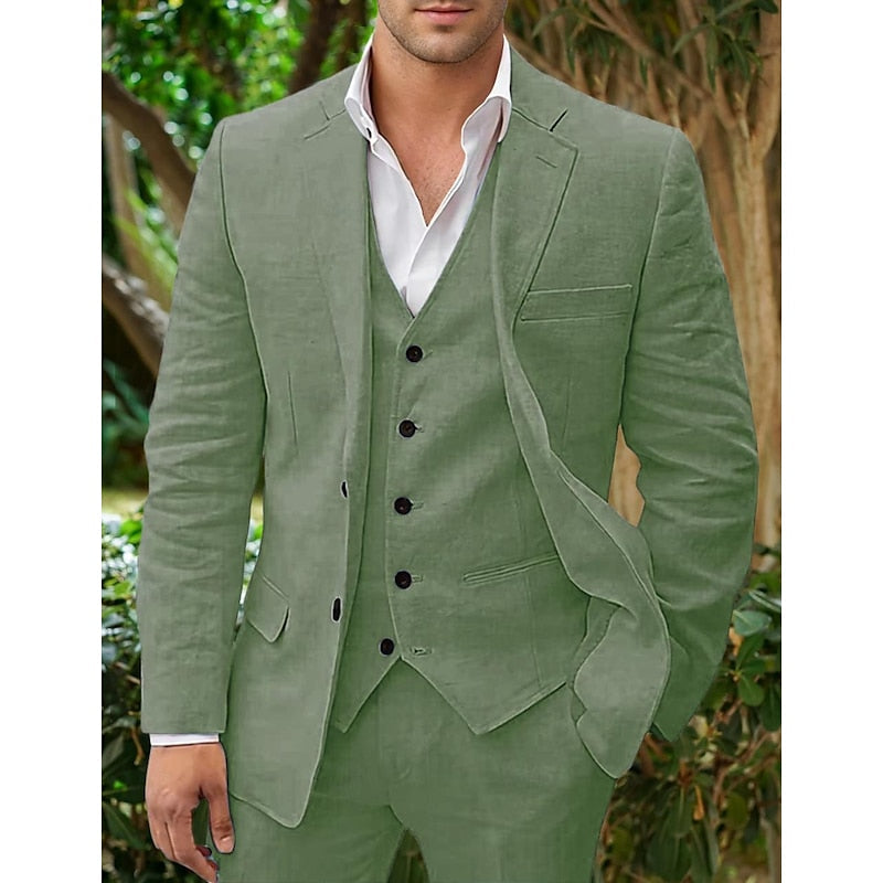 3-teiliges Leinen-Set für Herren, bestehend aus einem schlichten Business-Blazer, einer Weste und einer Hose