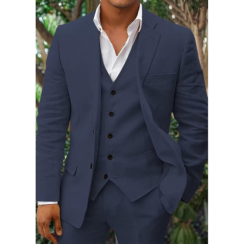 3-teiliges Leinen-Set für Herren, bestehend aus einem schlichten Business-Blazer, einer Weste und einer Hose